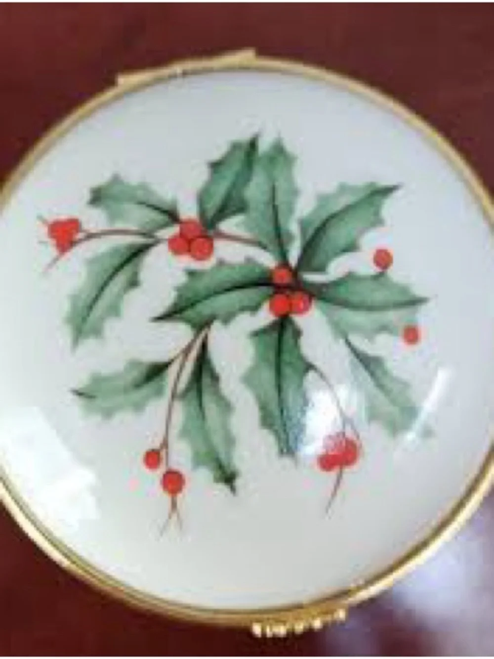 Lenox Holiday Holly Trinket Box Mini Porcelain Hinged Box Gold Trim Christmas
